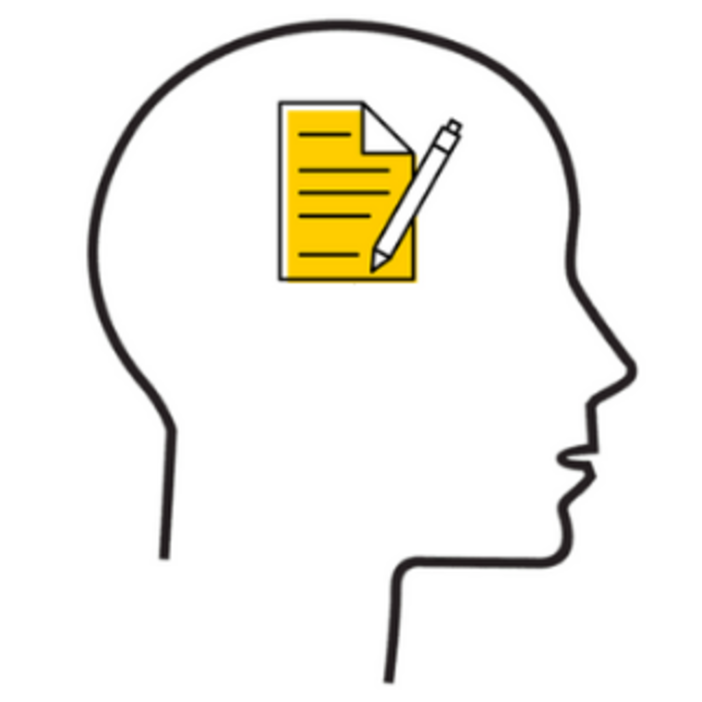 Outline of human face with graphic of notebook and pen on the brain area