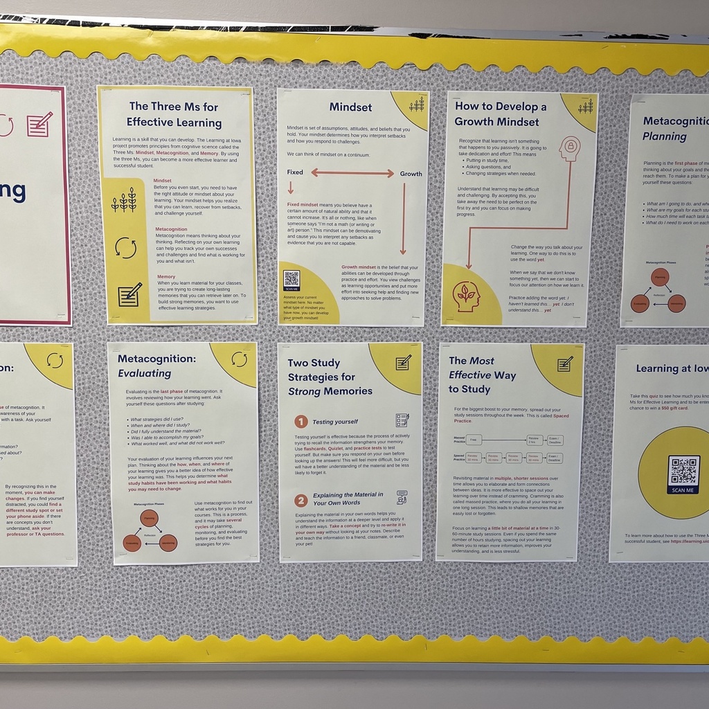 Ten posters hanging on a bulletin board promoting Learning at Iowa