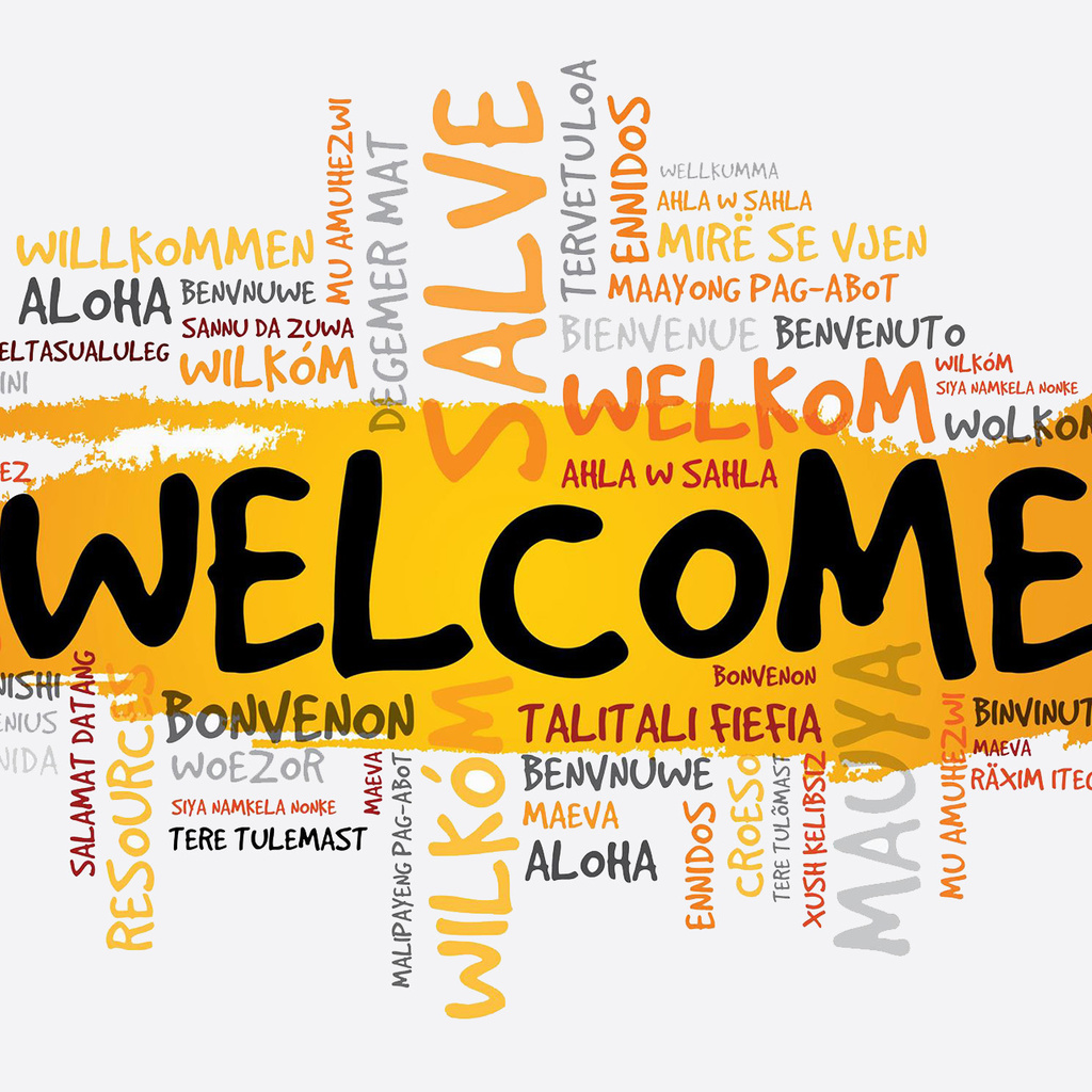 Word cloud spelling out the word "Welcome" in multiple languages